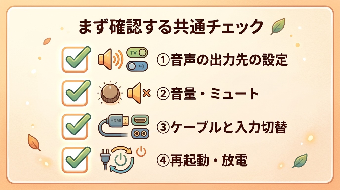 HDMIで音が出ないときにまず確認する4項目（音声出力先・音量とミュート・ケーブルと入力切替・再起動と放電）を並べたチェックリストの図解