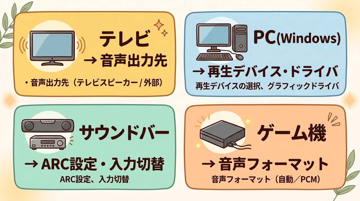 テレビ・PC・サウンドバー・ゲーム機それぞれでHDMIから音が出ないときに確認する設定項目をまとめた一覧図