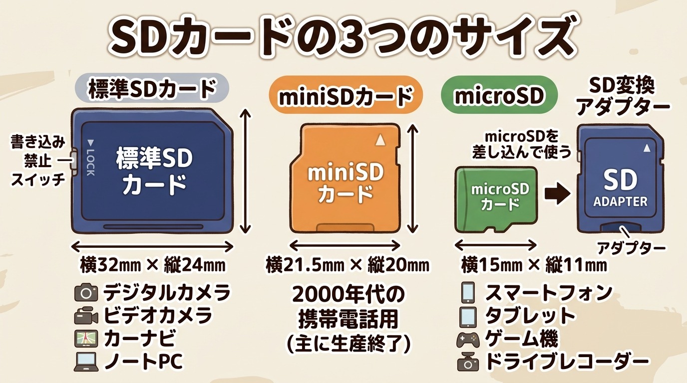 標準SDカード・microSDカード・miniSDカードの大きさを並べて比較した図