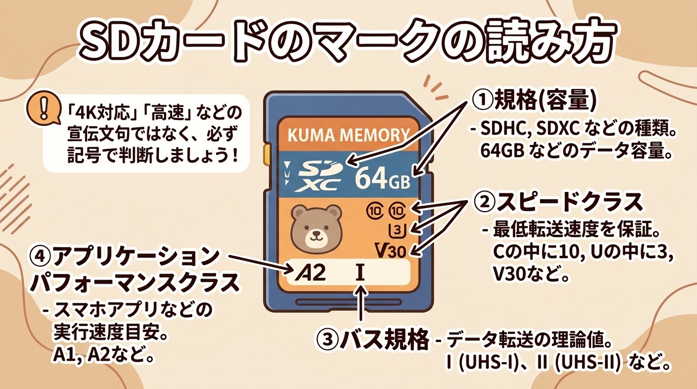 SDカード本体に印字されたSDXC・UHS-I・V30・A2などのマークの位置と意味を説明した図