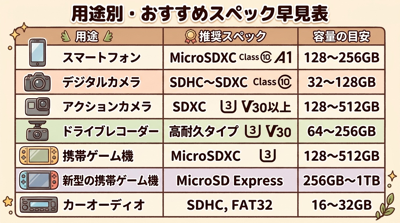 スマホ・デジカメ・4K動画・ドラレコ・Switchなど用途別に推奨SDカードのスペックを示した早見チャート