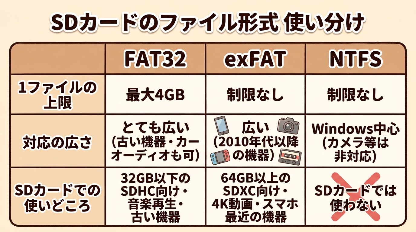 FAT32・exFAT・NTFSのSDカードでの使い分けを容量と用途で示した比較表