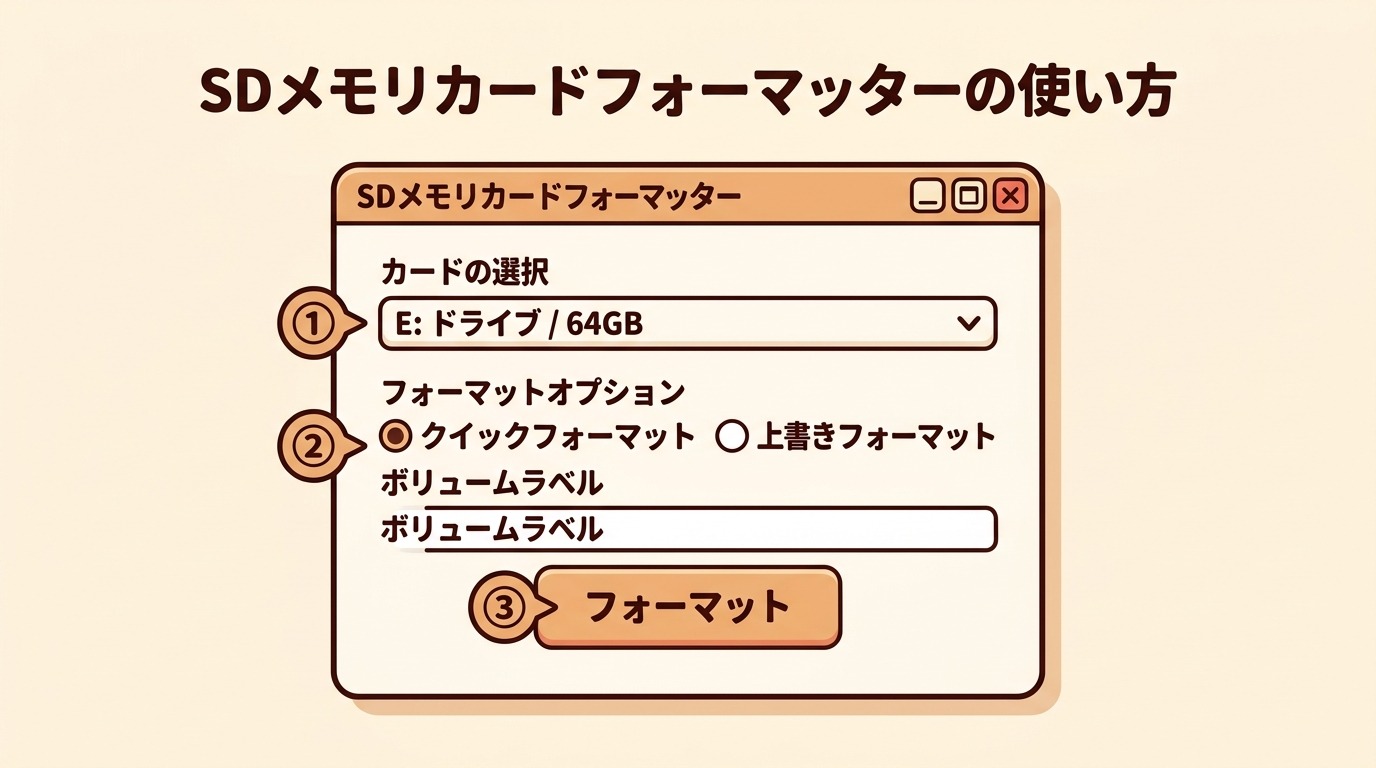 SDメモリカードフォーマッターのソフト画面。カード選択・クイック/上書き消去・フォーマットボタンの位置を示した図