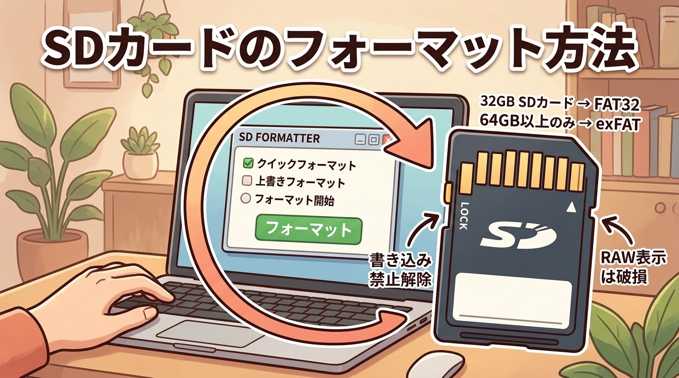 SDカードのフォーマット方法を解説する記事のアイキャッチ。パソコンでのフォーマット操作とSDカードのイラスト