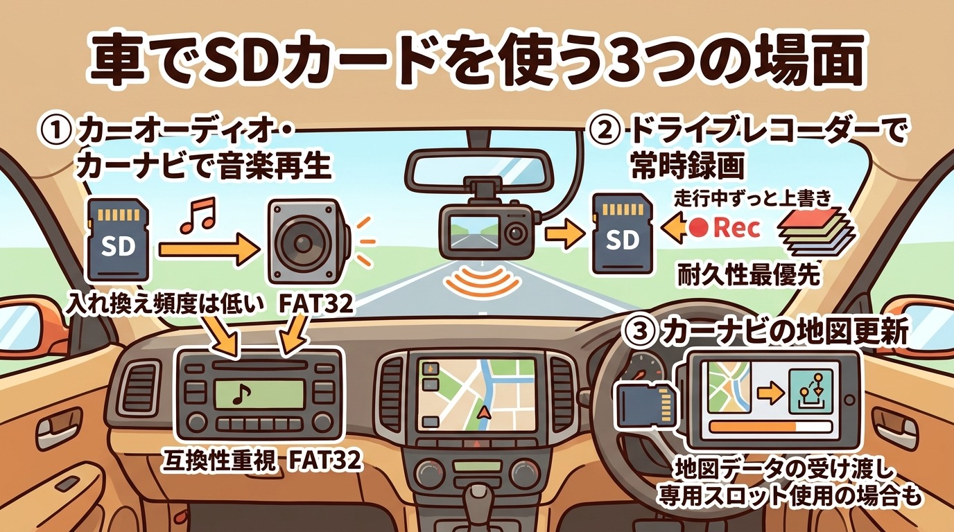 車内でSDカードを使う3つのシーン（カーオーディオでの音楽再生・ドライブレコーダー・カーナビの地図更新）を示したイラスト