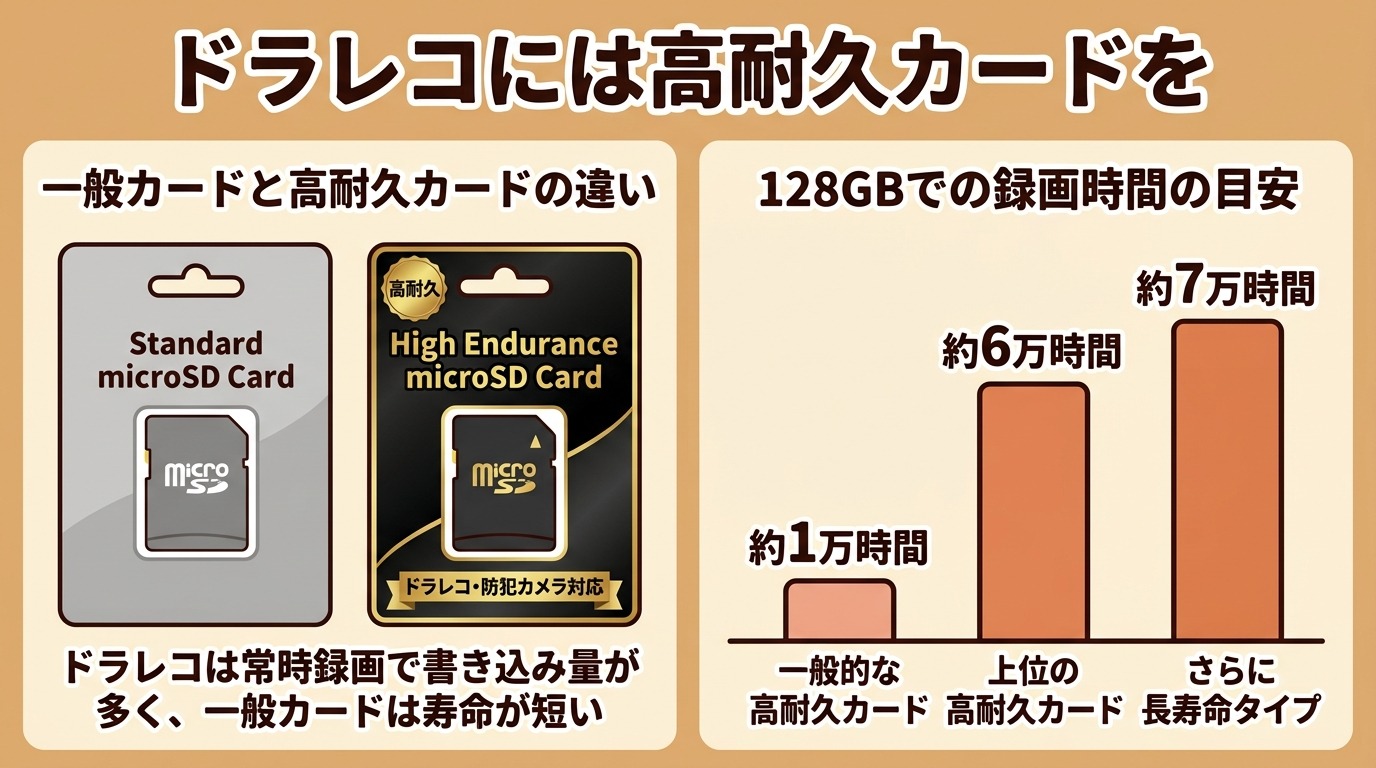 高耐久microSDカード（High Endurance）と一般カードのパッケージのマークの違いと、容量ごとの録画時間の目安を示した図