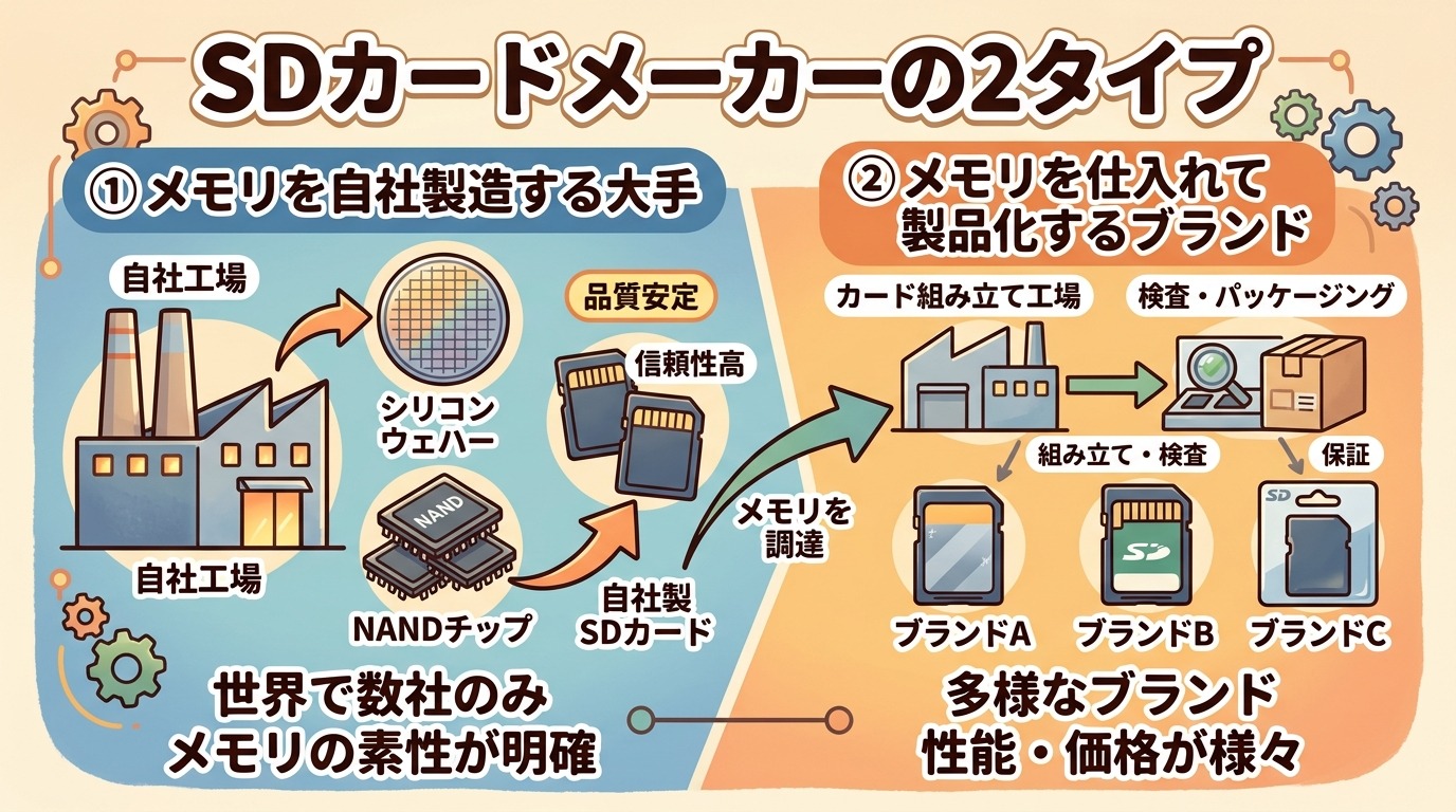 SDカードの主要メーカーを「NANDメモリを自社製造する大手」と「メモリを仕入れてカード化するブランド」に分けて整理した相関図