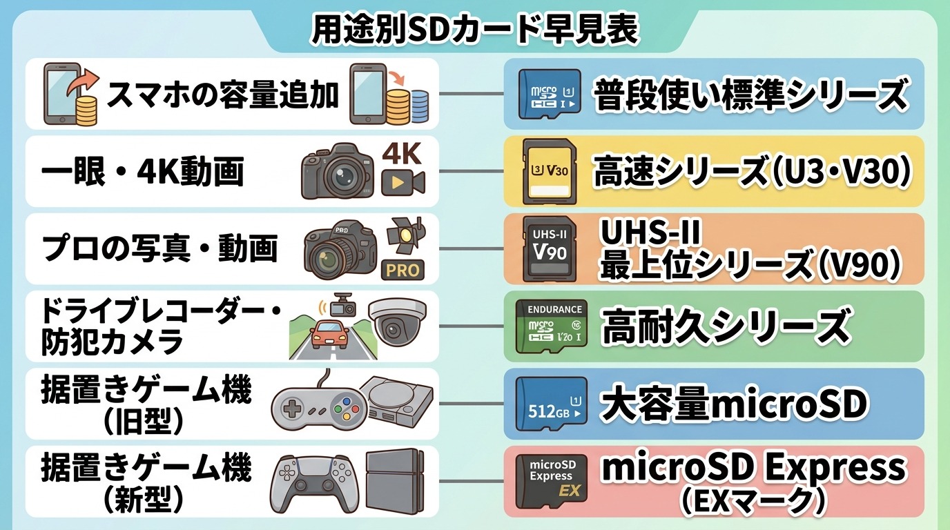 スマホ・一眼・4K動画・ドラレコ・Nintendo Switchなど用途別に、おすすめのSDカードメーカーとシリーズを示した早見チャート