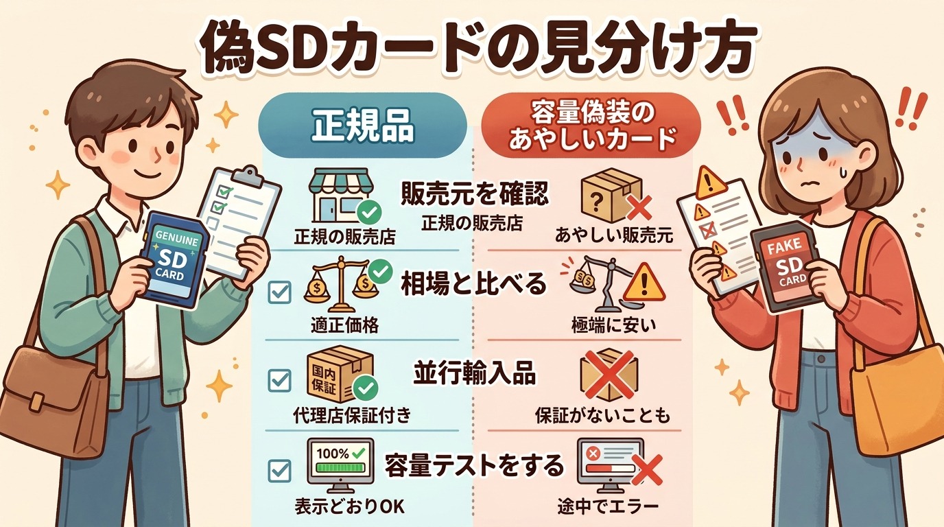 SDカードの正規品と容量偽装品を見分けるチェックポイント（販売元・相場・パッケージ表記・容量テスト）を並べた図