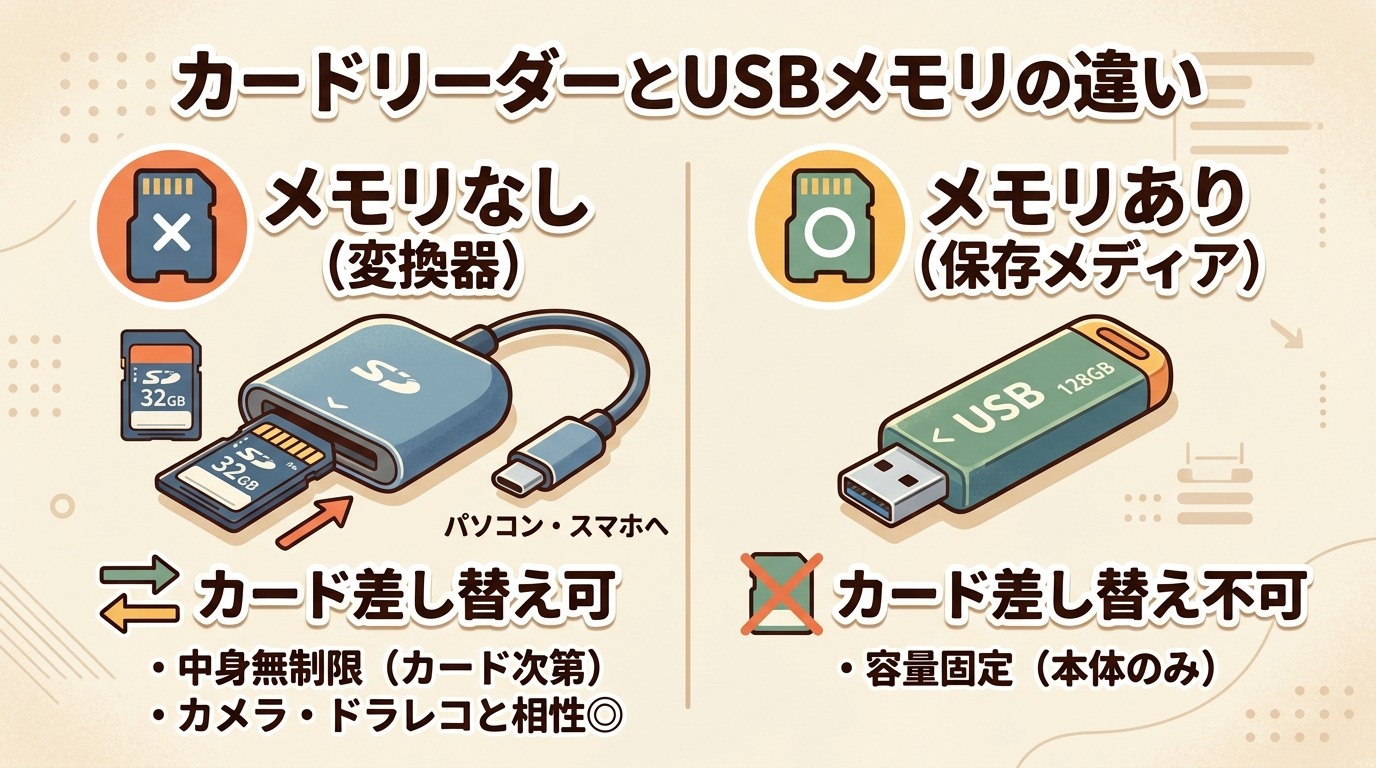 SDカードリーダーとUSBメモリの違いを、記録メディア内蔵か外付けか・カードの入れ替え可否で比較した図