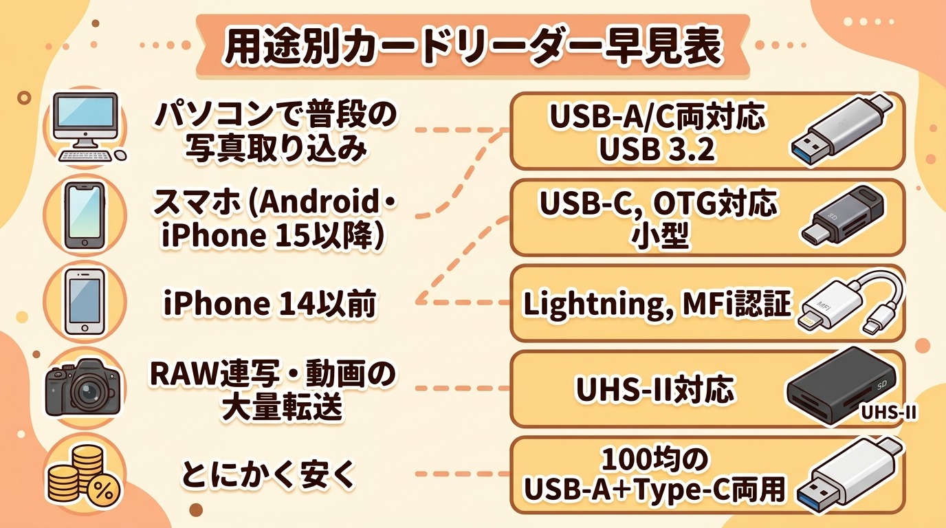 用途別（普段使い・スマホ・プロの大量転送・とにかく安く）にSDカードリーダーの選び方を示した早見チャート