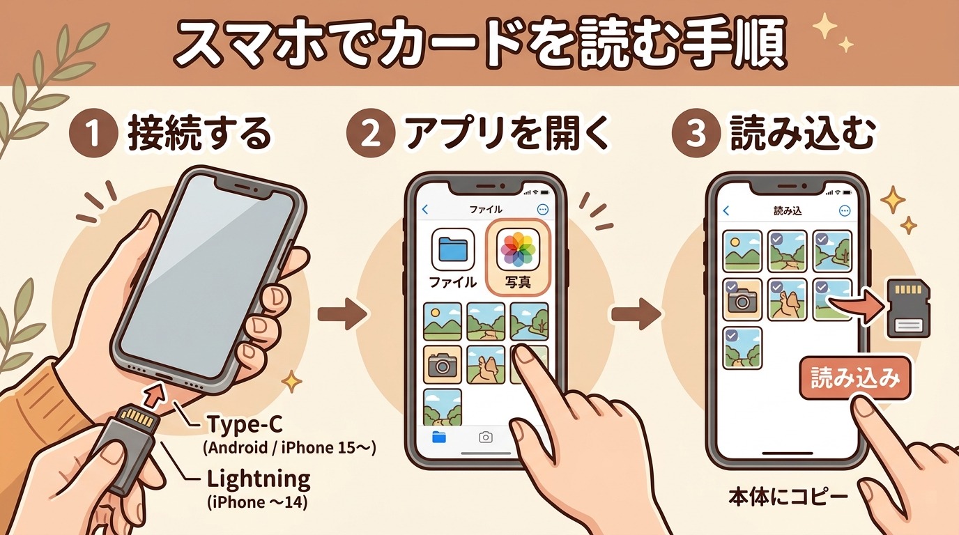 スマホ（Android・iPhone）にSDカードリーダーをUSB-CまたはLightningで接続して写真を取り込む手順のイラスト