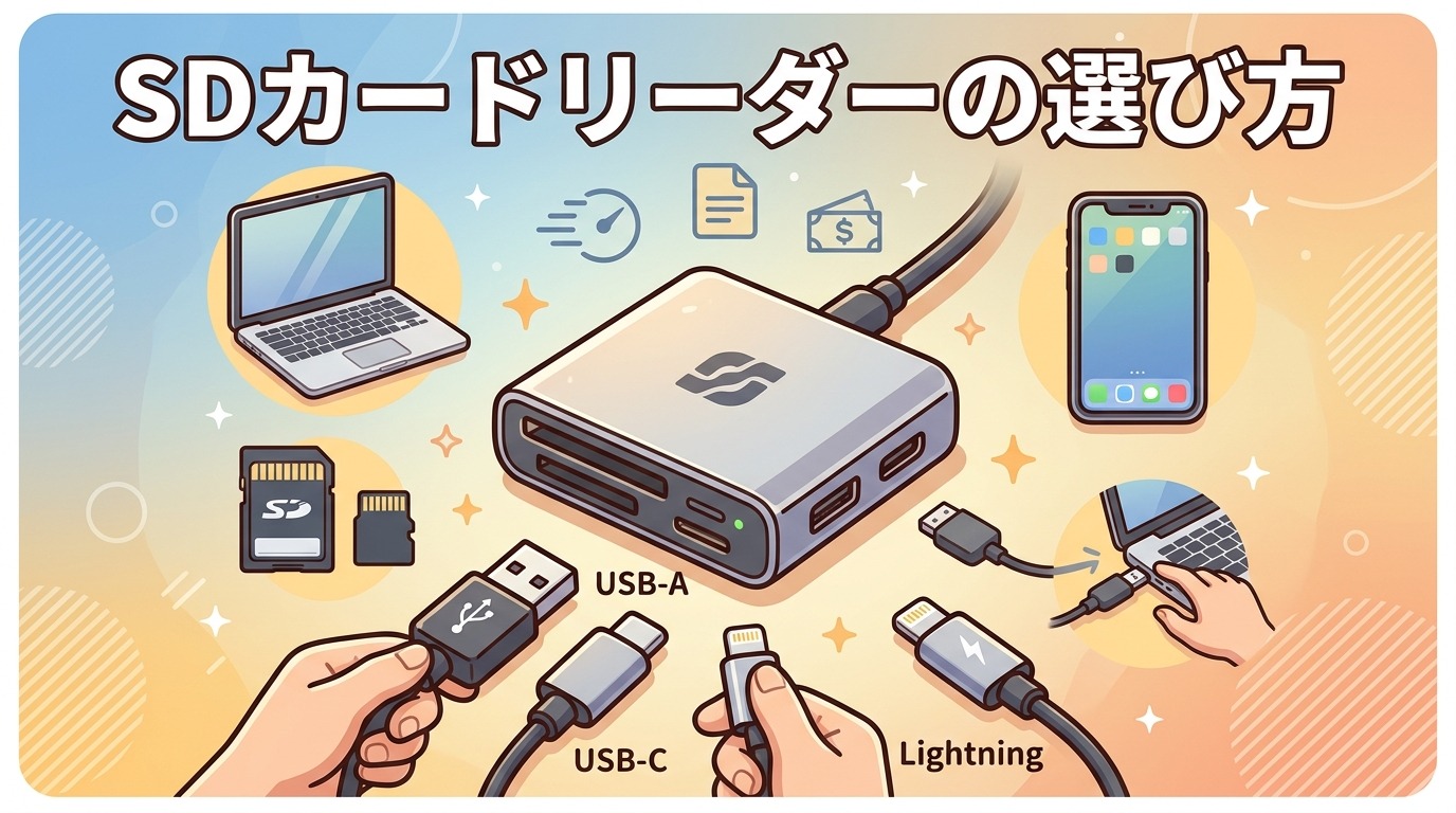 SDカードリーダーの選び方（USB-A・USB-C・Lightning端子）を示したアイキャッチ