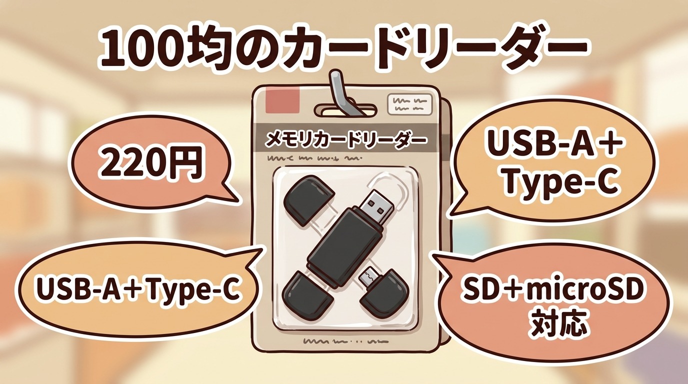 ダイソーのメモリーカードリーダー(USB2.0+Type-C両端子・SDとmicroSD対応)の外観と端子部分を示したイラスト
