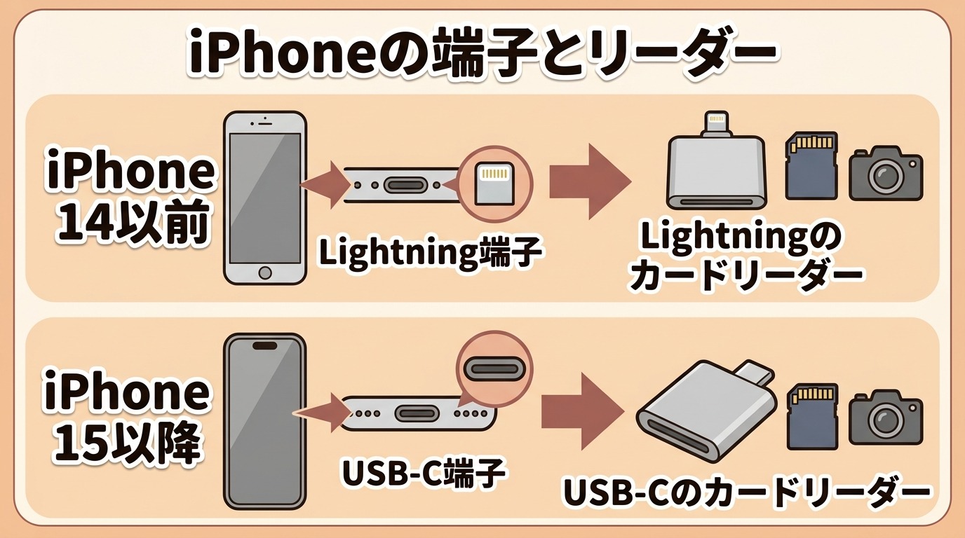 iPhoneの世代別（14以前＝Lightning、15以降＝USB-C）に対応するSDカードリーダーの端子を示した図