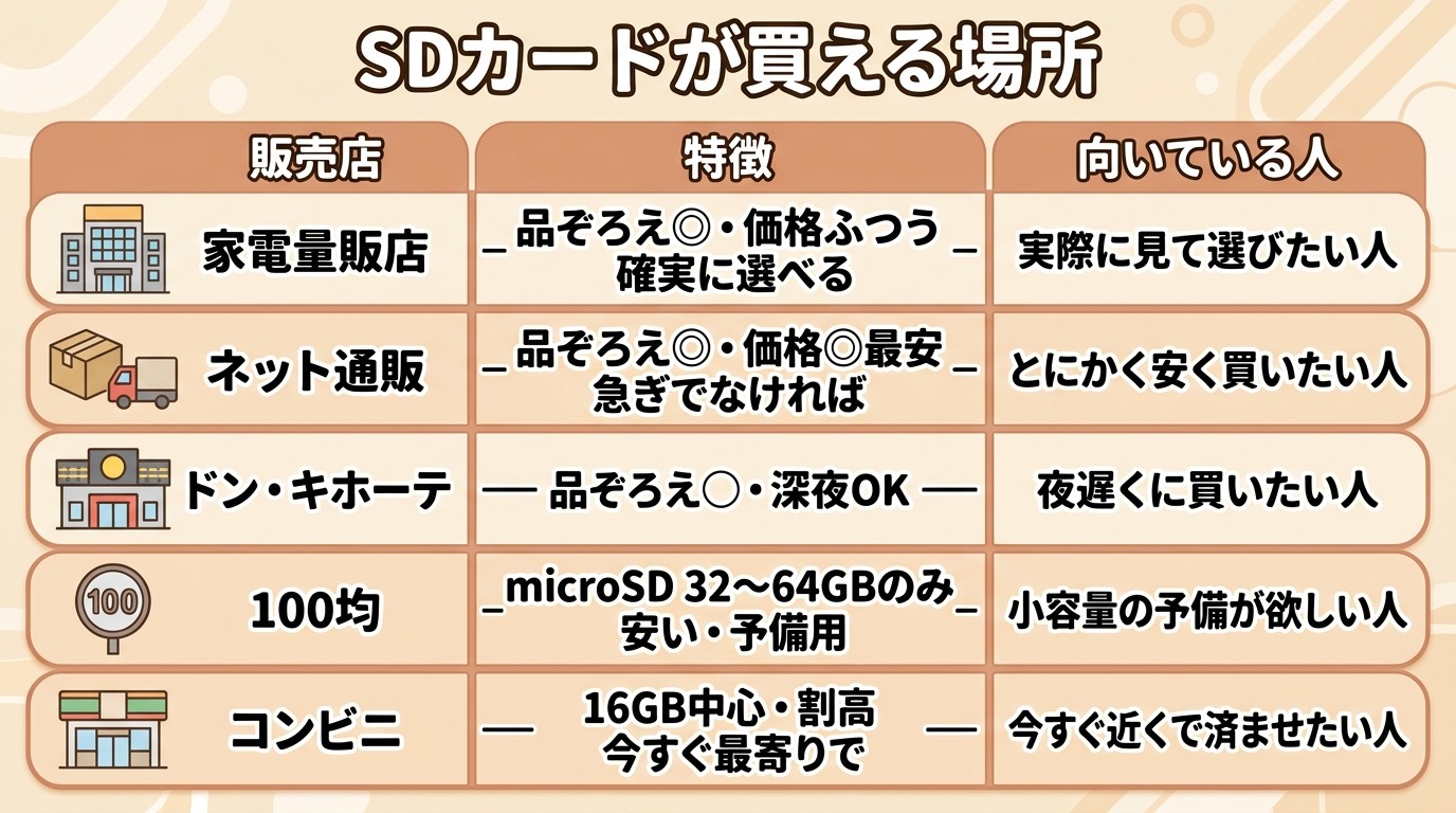 SDカードが買える場所（家電量販店・ネット通販・100均・コンビニ・ドンキ）の品ぞろえと価格と確実性を比較した早見表