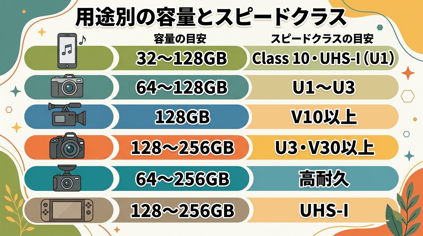 SDカードの用途別（スマホ・写真・フルHD動画・4K動画・ドラレコ）の容量とスピードクラスの目安を示した図