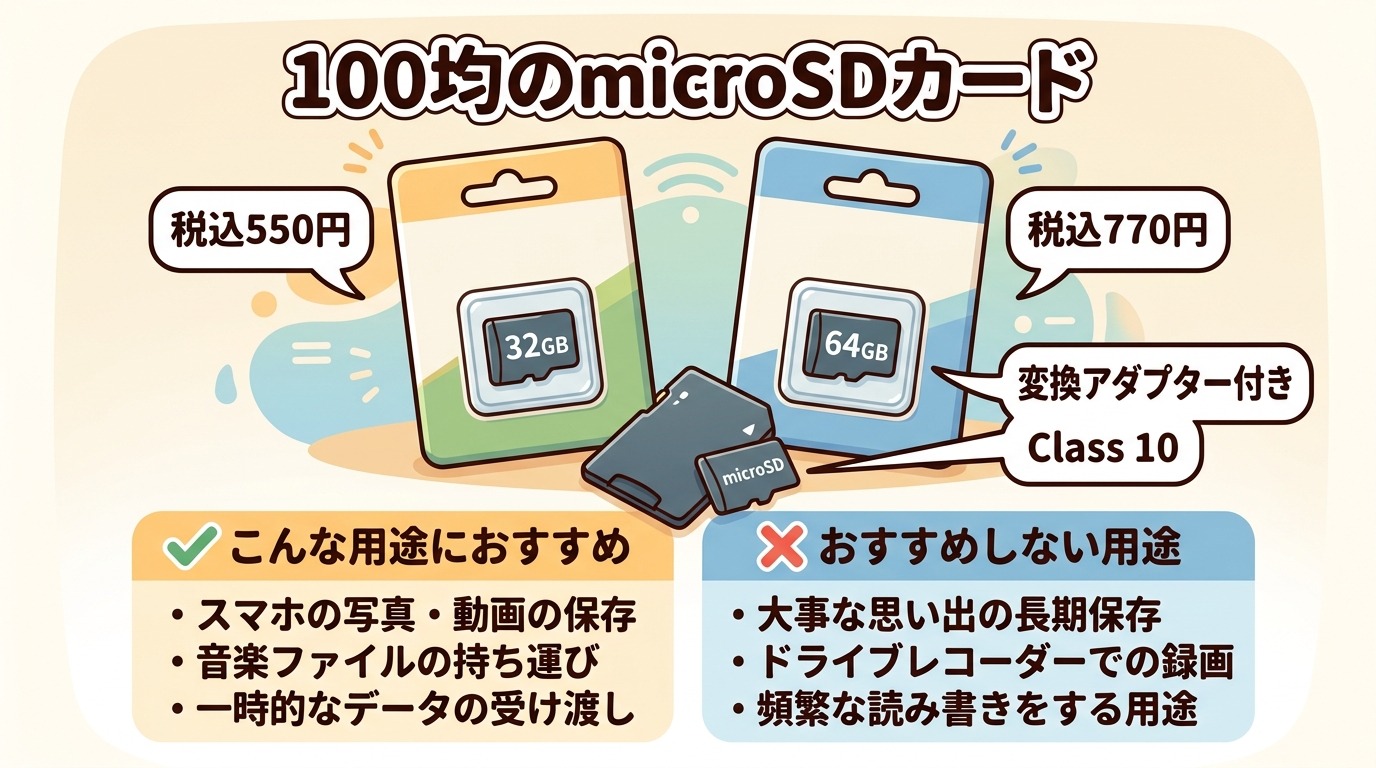 ダイソーのマイクロメモリーSDカード（32GB・64GB・SD変換アダプター付き）のパッケージと仕様を示したイラスト