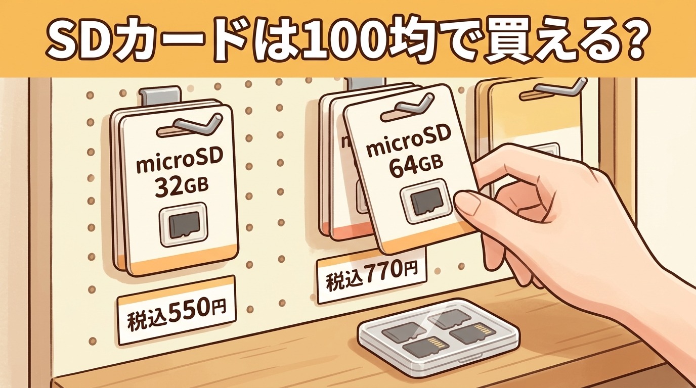 100円ショップの陳列フックにかかったmicroSDカードのパッケージと価格ラベルを示したアイキャッチ