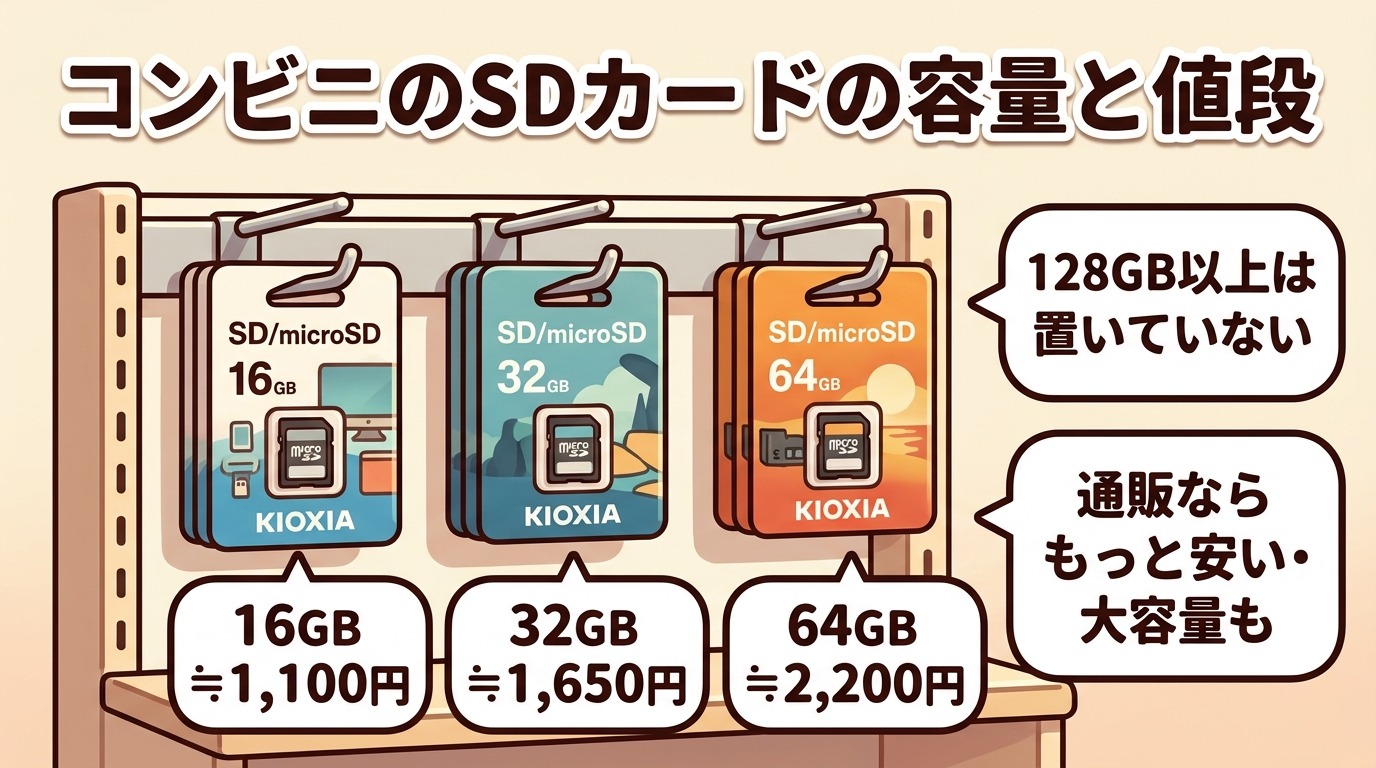 コンビニ（セブン・ローソン・ファミマ）で売っているSDカードの容量と価格の目安を示した図