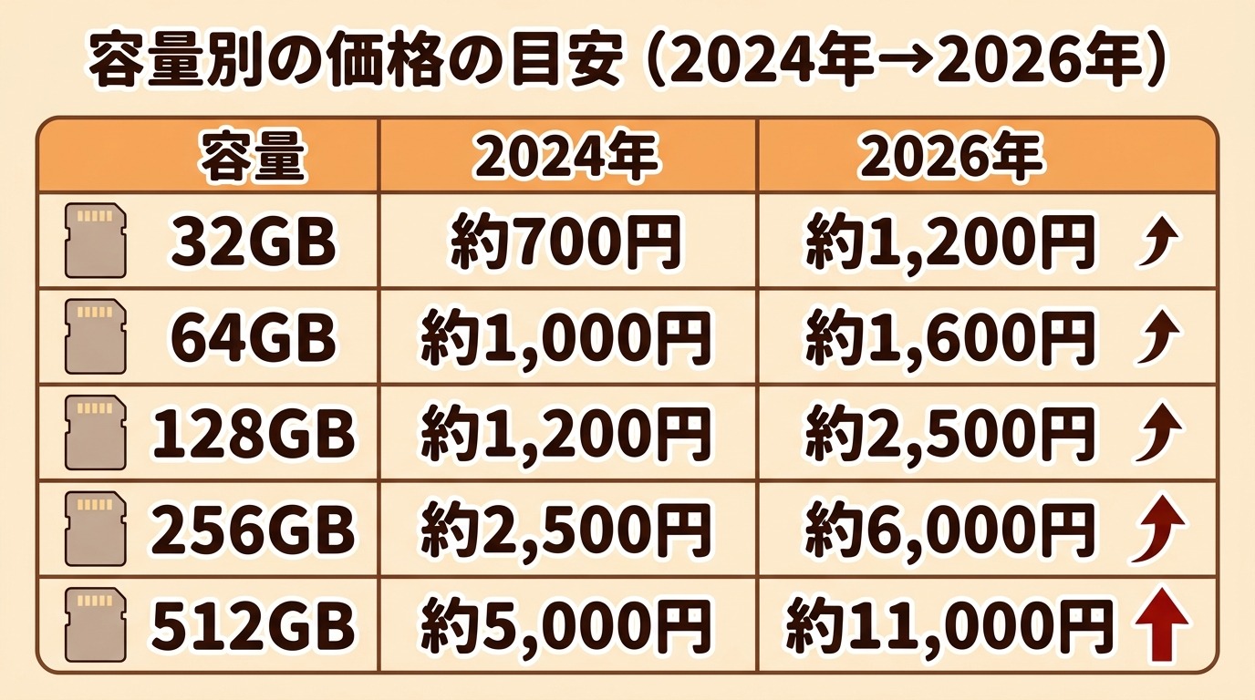 SDカードの容量別（16GB〜1TB）の価格の目安を、2024年の平時と2026年の値上がり後で比較した図