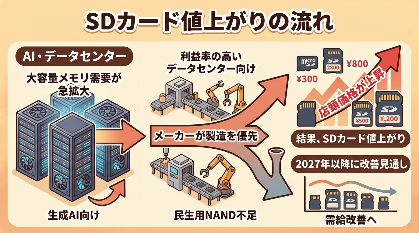 SDカードの価格が2025年秋から2026年にかけて上昇した推移と、AIデータセンター需要による値上がりの流れを示した図