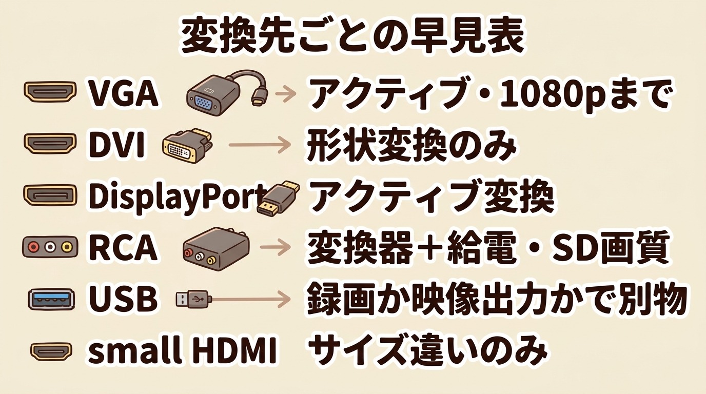 HDMI変換の変換先ごとの一覧(VGA・DVI・DisplayPort・RCA・USB・ミニHDMI)を整理した早見表の図解