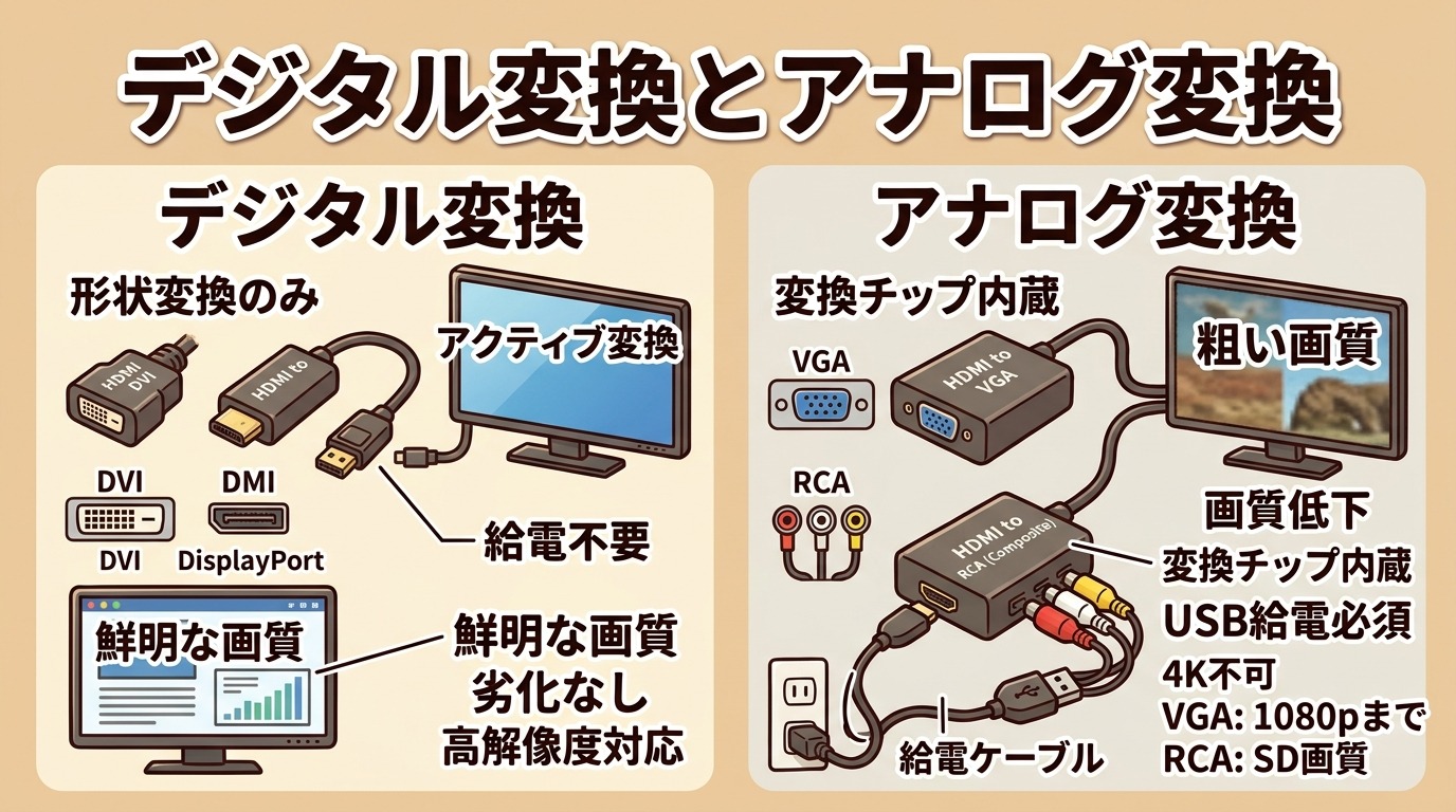 デジタル変換(DVI・DisplayPort)とアナログ変換(VGA・RCA)の必要なものと画質の違いを示す図解