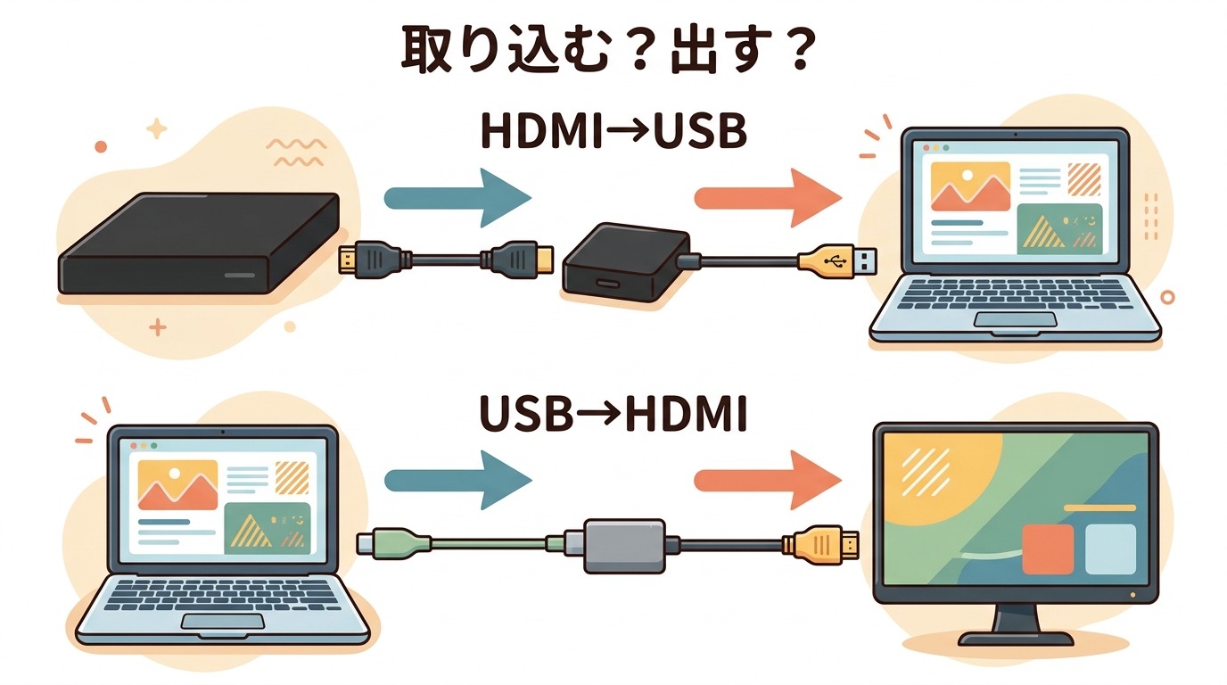HDMI→USB（取り込み・録画）とUSB→HDMI（映像出力）の違いを整理した図解