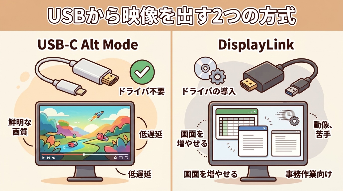 USBから映像を出す2つの方式（USB-C Alt Mode・DisplayLink）の違いを示すイラスト