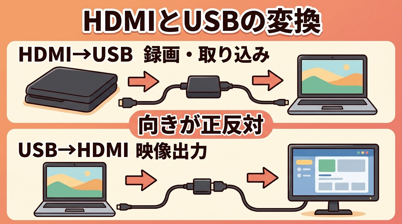 HDMIとUSBの変換｜HDMI→USBは録画、USB→HDMIは映像出力で向きが正反対