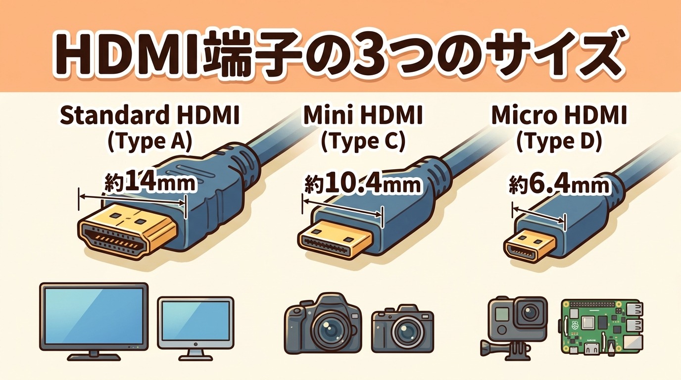 標準HDMI・ミニHDMI・マイクロHDMIのサイズと形の違いを比較した図解