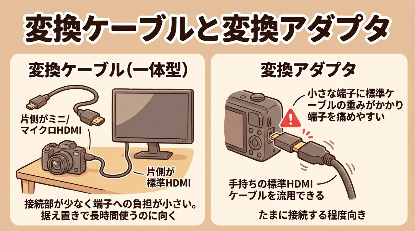 ミニ・マイクロHDMIを標準HDMIにつなぐ変換ケーブルと変換アダプタの違いを示すイラスト