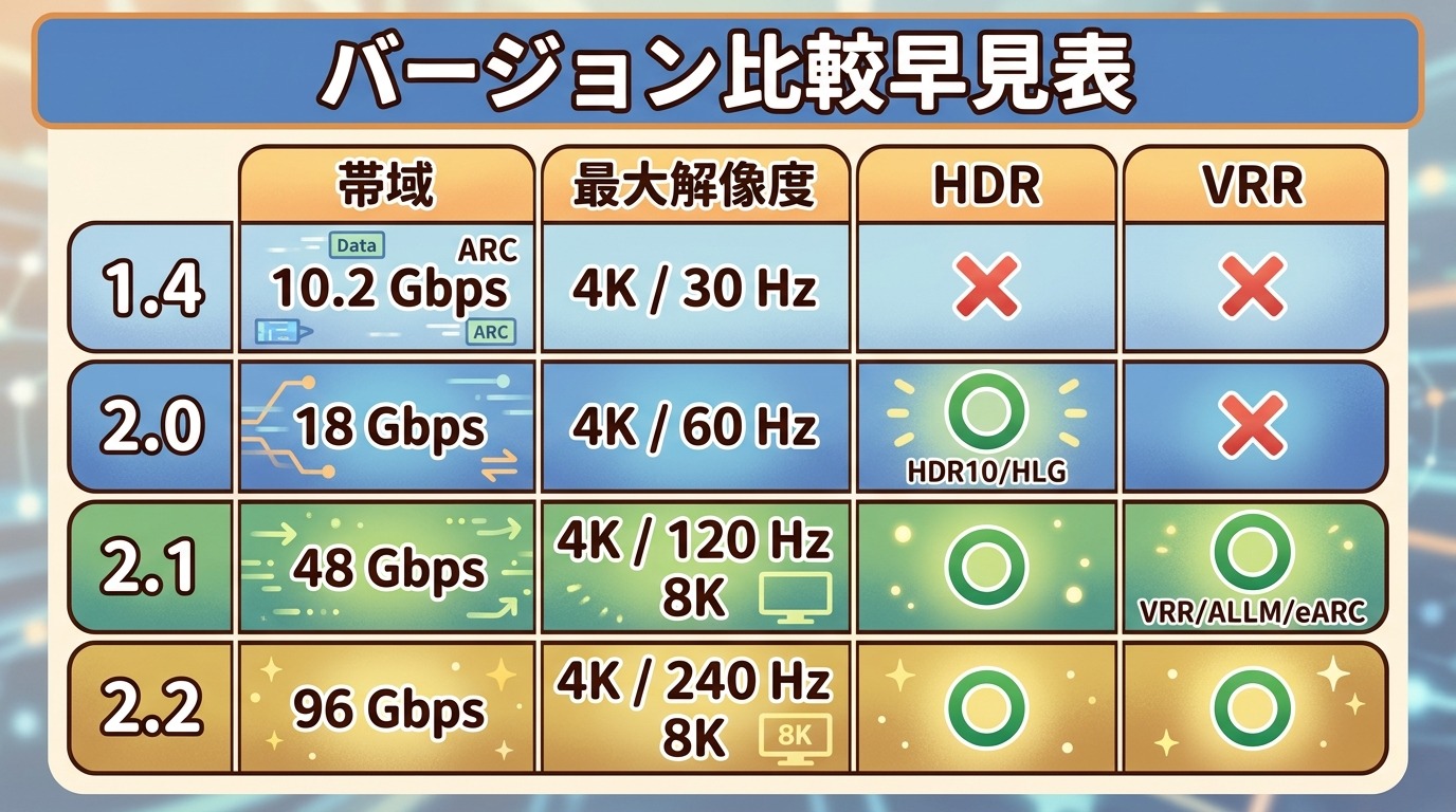 HDMI 1.4・2.0・2.1・2.2のバージョン比較早見表(帯域・解像度・HDR・VRR)の図解