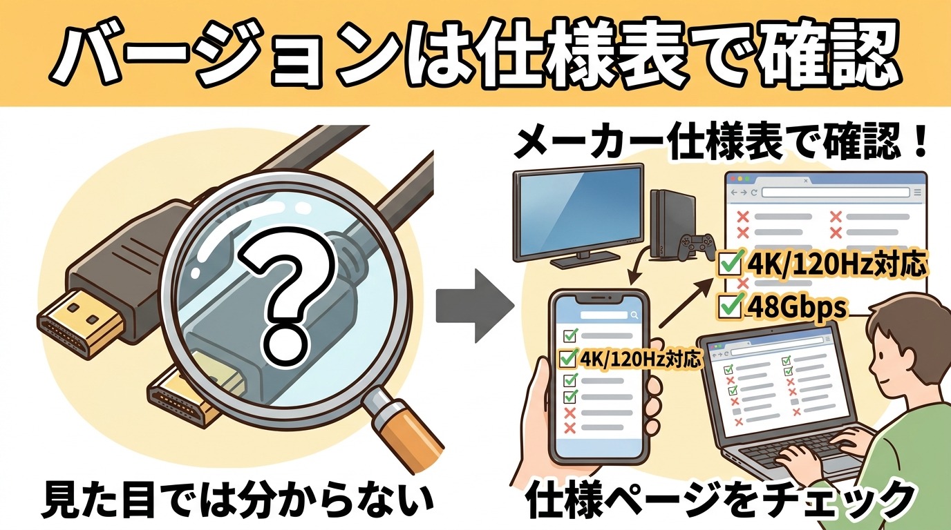 HDMIのバージョンは端子やケーブルの見た目では分からず機器の仕様表で確認することを示すイラスト