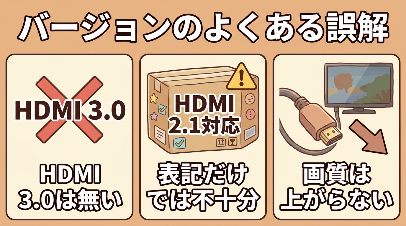HDMIバージョンのよくある誤解(HDMI3.0は無い・2.1表記の落とし穴・バージョンで画質は上がらない)を示すイラスト