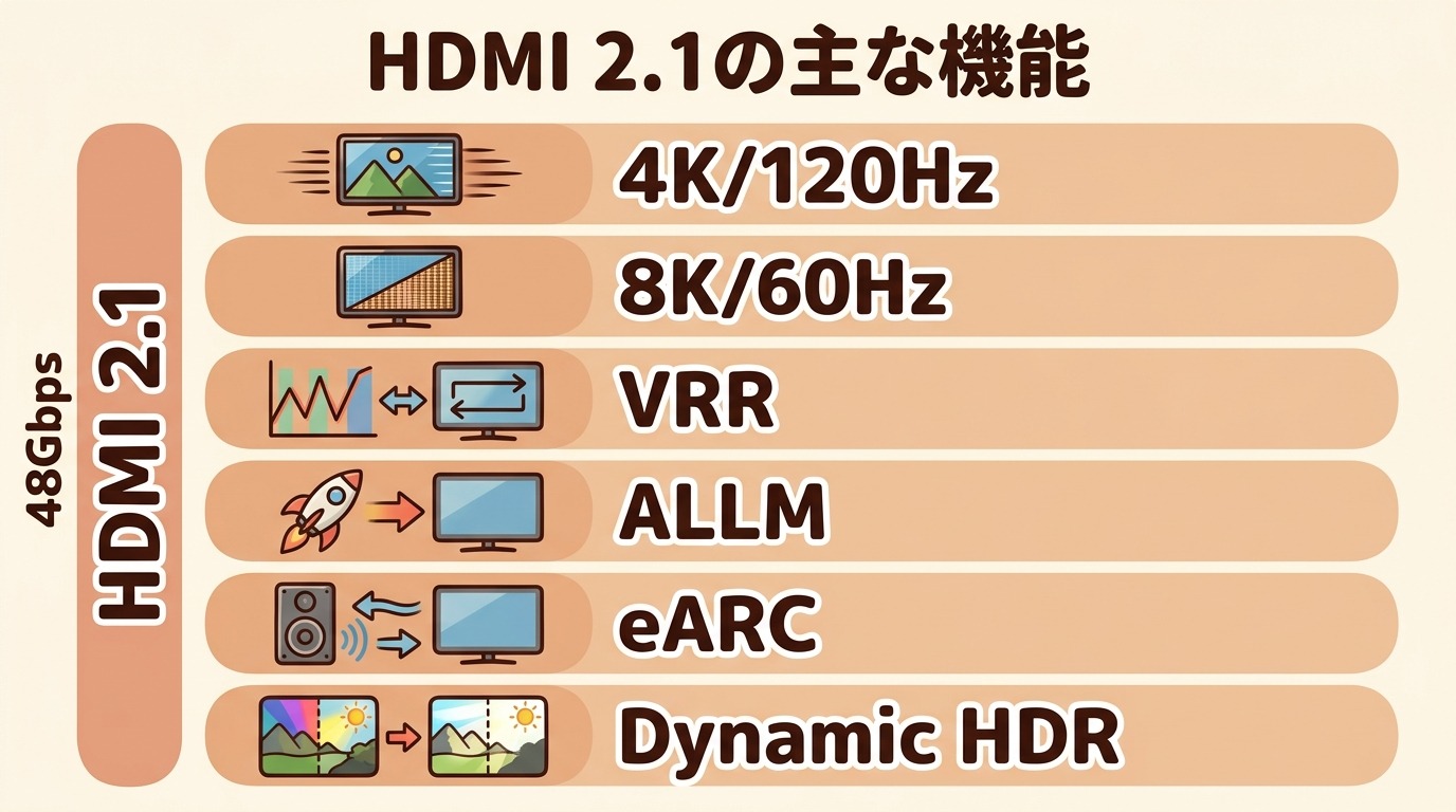 HDMI 2.1の主な機能（48Gbps・4K120Hz・8K・VRR・ALLM・eARC）を整理した図解