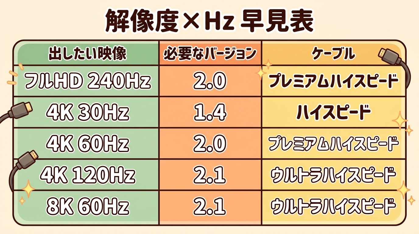 HDMIの解像度×リフレッシュレート×必要バージョン×必要ケーブルを整理した早見表の図解