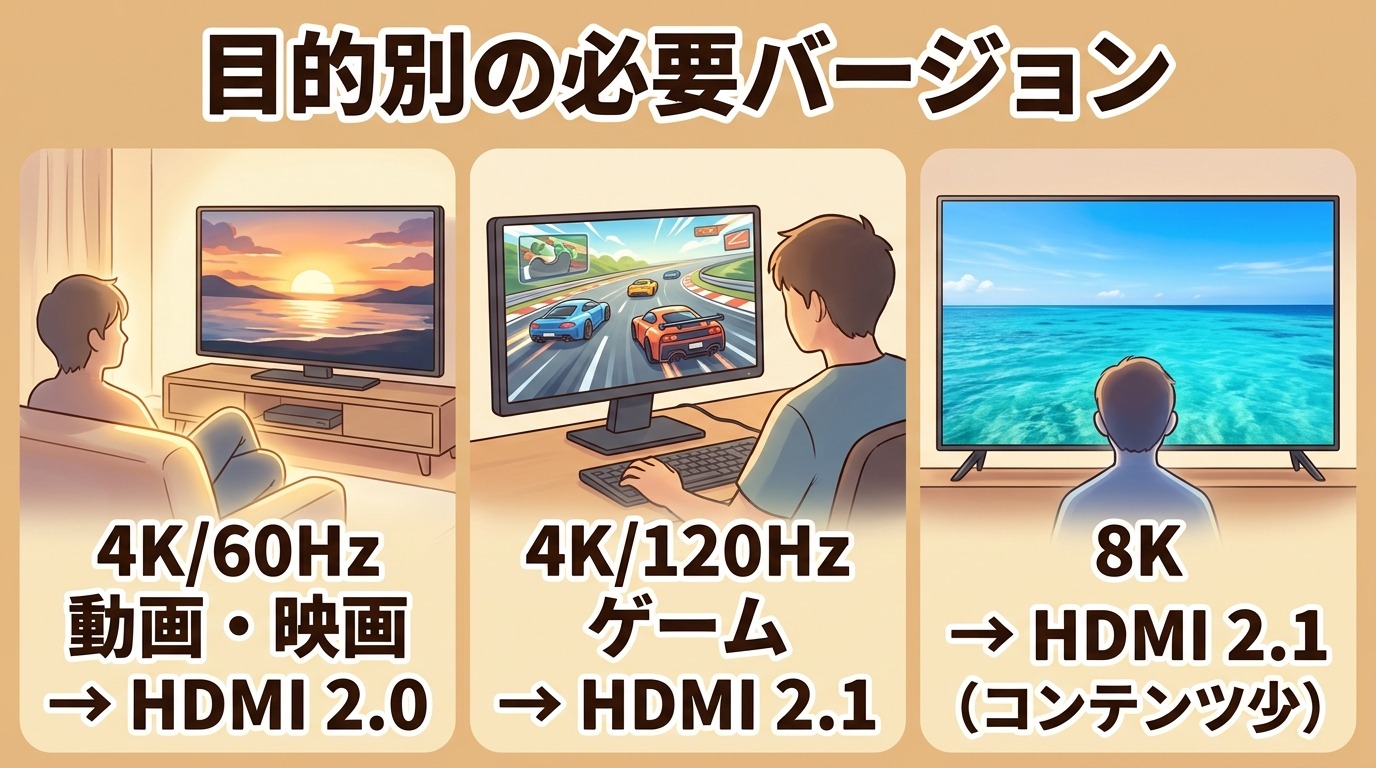 動画視聴(4K60)・ゲーム(4K120/144Hz)・8K視聴それぞれに必要なHDMIバージョンを示すイラスト