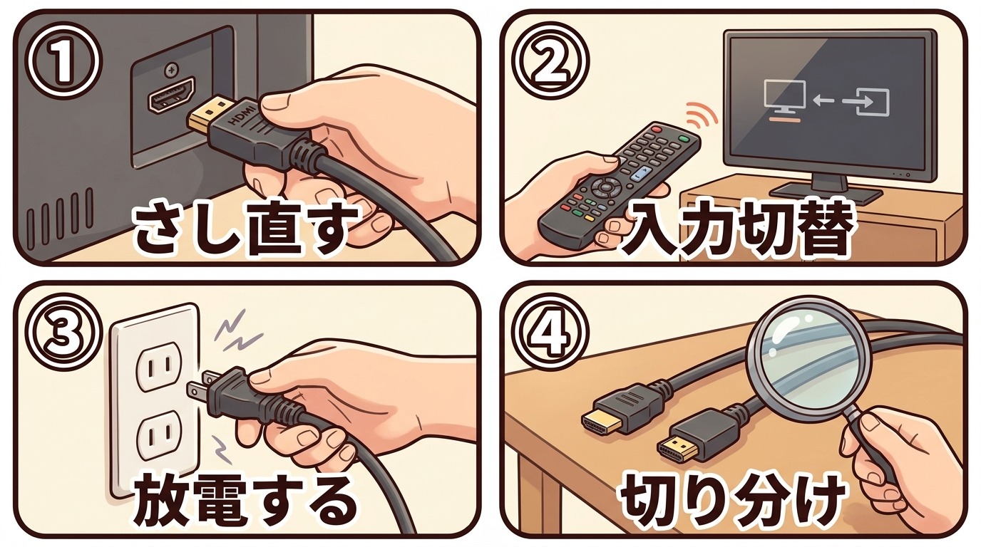HDMIが映らない時に順番に試す共通対処(挿し直し・入力切替・放電・切り分け)のチェックリスト図解