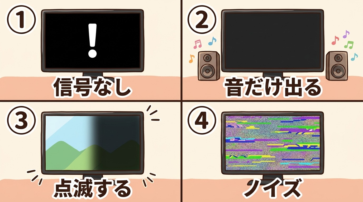 HDMIの症状別(真っ暗・信号がありません・点滅・ノイズ)の原因の違いを示すイラスト