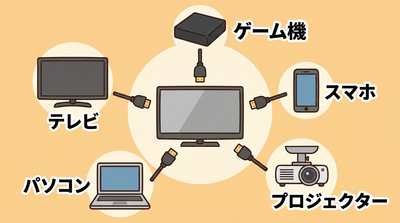 テレビ・PC・プロジェクター・ゲーム機・スマホそれぞれのHDMIが映らない時の確認ポイントのイラスト