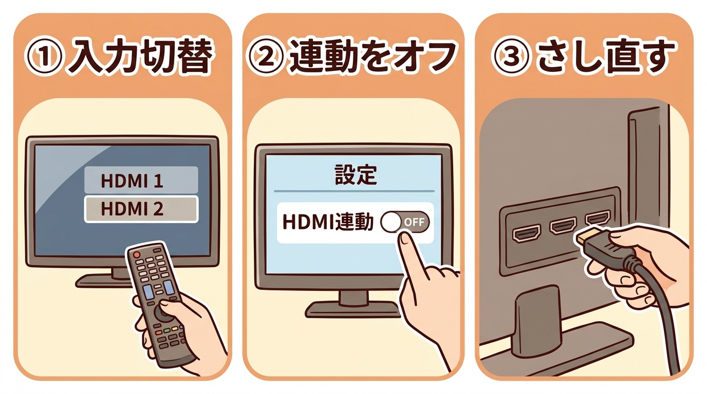テレビのHDMIが映らない時に確認する入力切替・HDMI連動・端子の挿し直しのイラスト