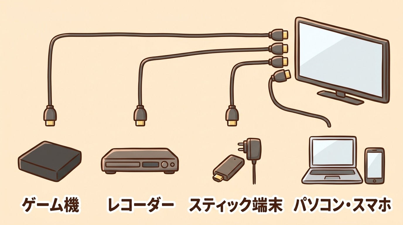 ゲーム機・レコーダー・スティック端末・PCそれぞれをテレビにHDMI接続したときの確認点のイラスト