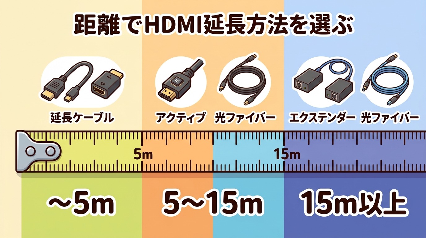 HDMI延長を距離別(〜5m・5〜15m・15m以上)に選ぶ目安を示すイラスト