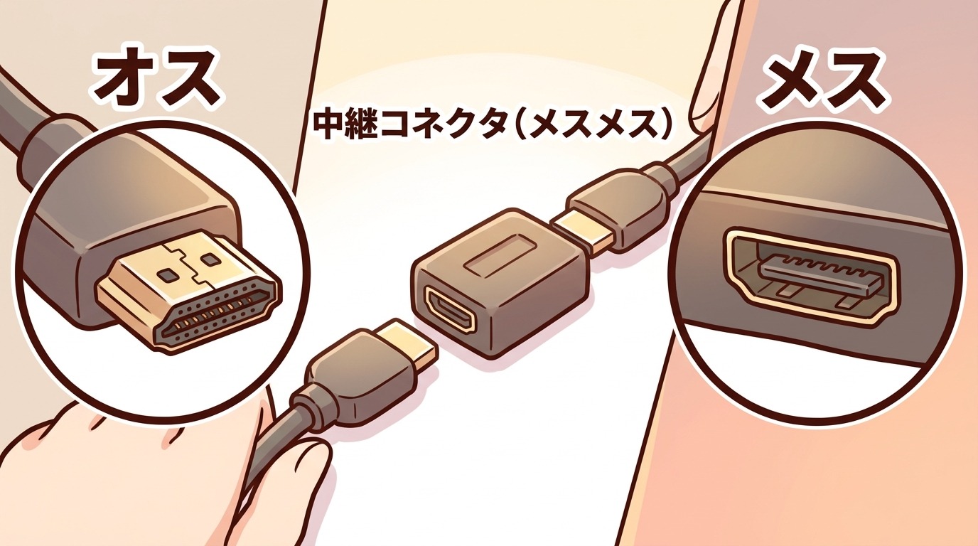 HDMIのオス端子（ケーブルの先）とメス端子（機器の差込口）の違いと中継コネクタの位置づけを示す図解