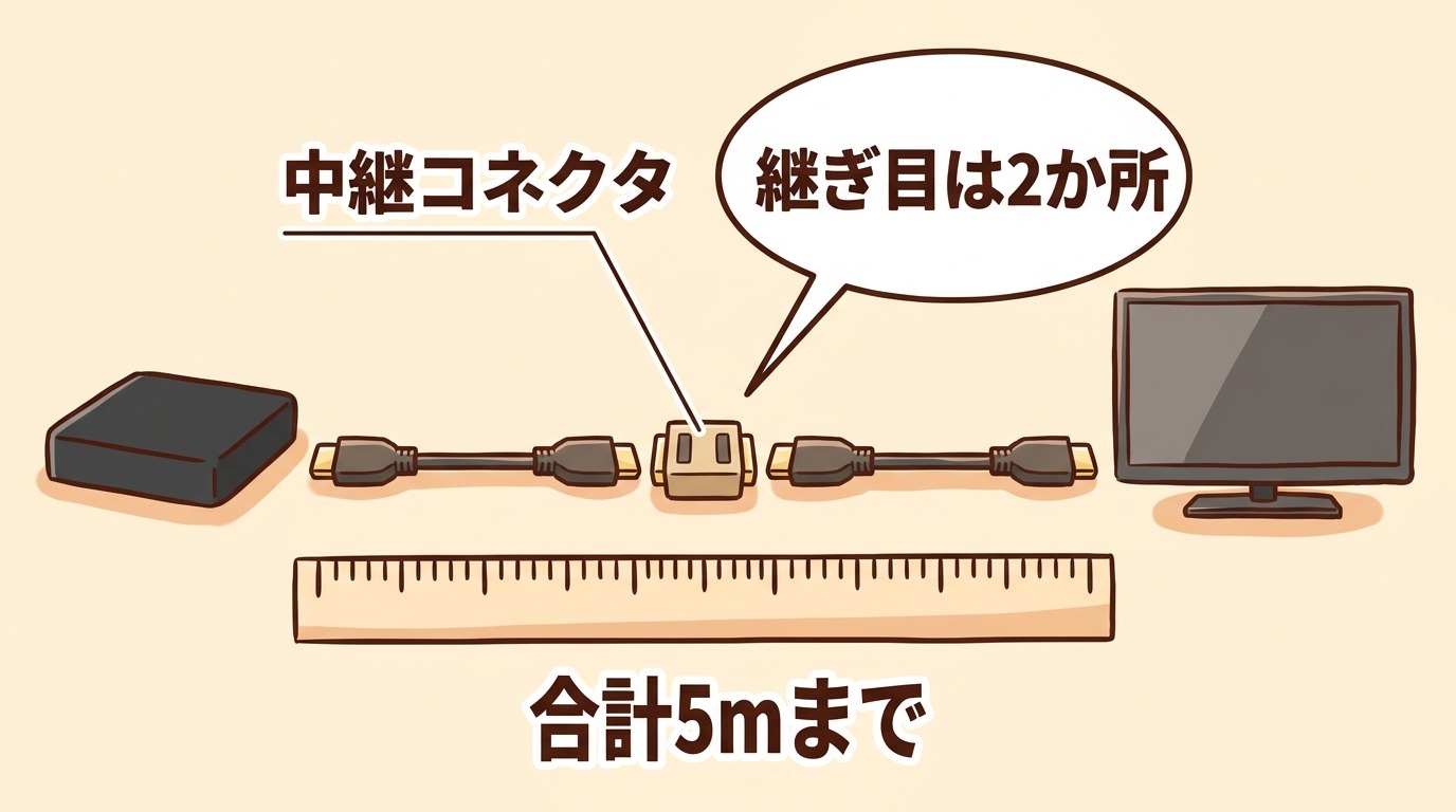 HDMIケーブル2本を中継コネクタでつないで延長する手順と合計5mの距離の目安を示すイラスト