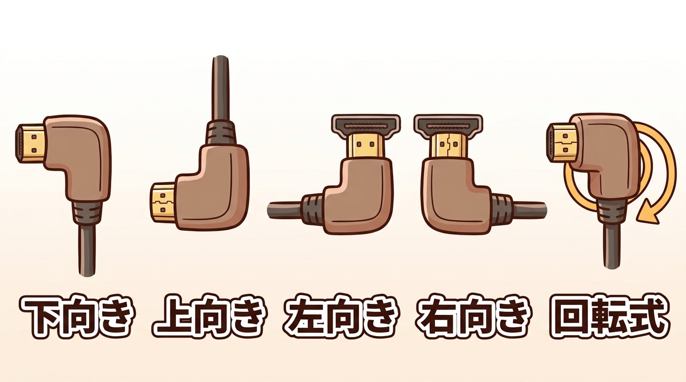 HDMIのL字アダプタの向き（上向き・下向き・左向き・右向き）の違いを示す図解