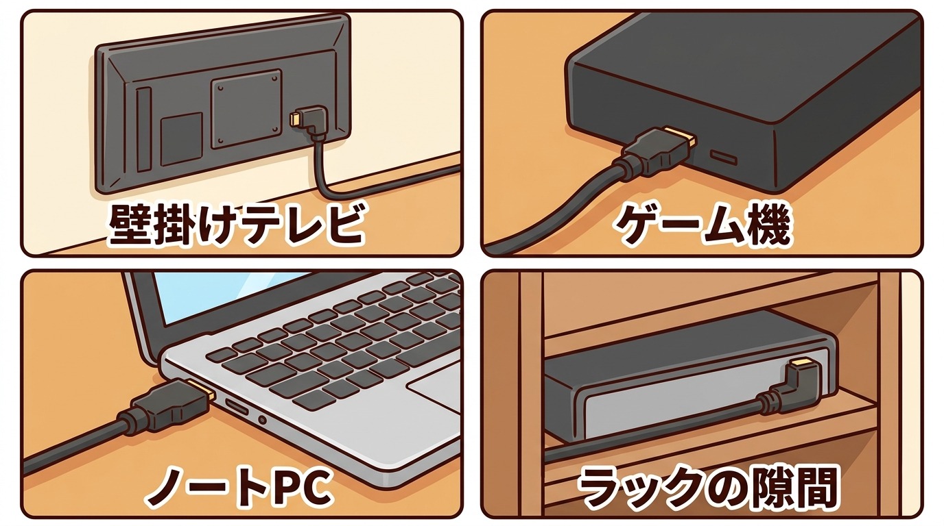 壁掛けテレビ・ゲーム機・ノートPC・テレビ台の隙間でL字アダプタを使う場面のイラスト